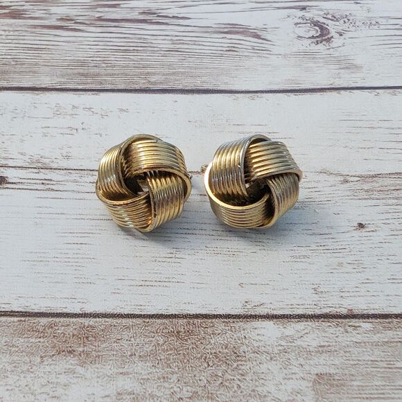 Vintage Clip On Earrings - Chunky Gold Tone Knot Design - Picture 1 of 12